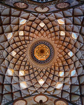 Captivating geometric dome interior showcasing Persian architectural artistry in Yazd, Iran.