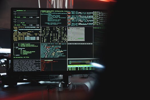 Close-up of a computer monitor displaying cyber security data and code, indicative of system hacking or programming.