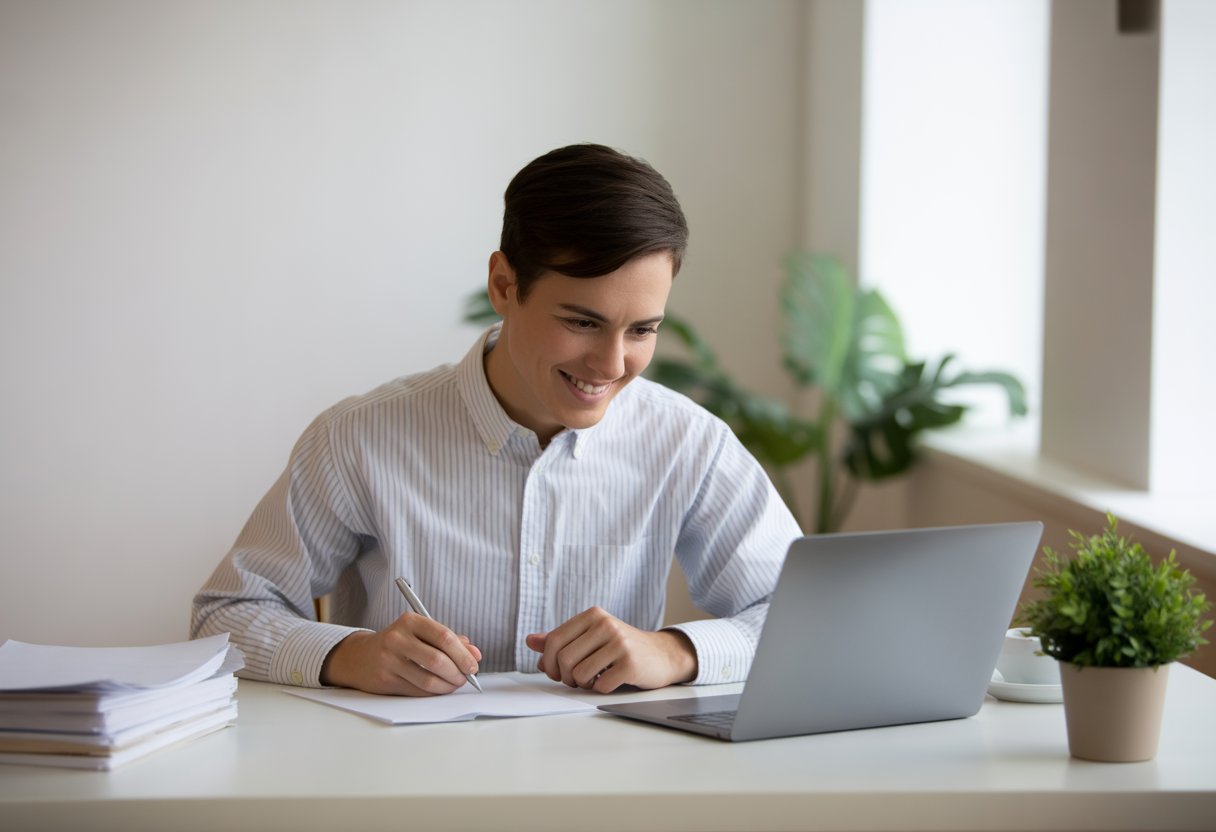 Eine junge Person sitzt an einem Schreibtisch und schreibt konzentriert an einem Laptop in einem hellen Büro.
