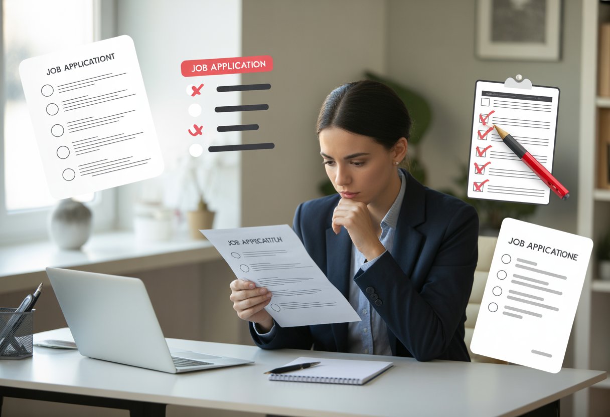 Eine Person sitzt an einem Schreibtisch und überprüft konzentriert eine gedruckte Bewerbung in einem modernen Büro.