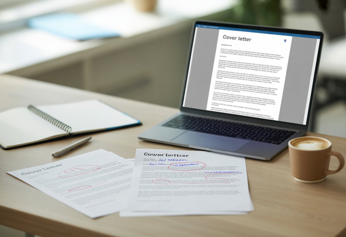 Ein moderner Schreibtisch mit ausgedruckten Bewerbungsschreiben, die Korrekturen und Notizen zeigen, daneben ein Laptop mit einem gut formatierten Anschreiben.