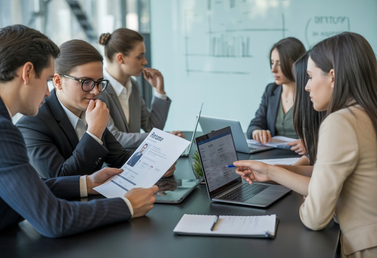 Mehrere Personen sitzen an einem Konferenztisch und überprüfen Bewerbungsunterlagen in einem modernen Büro.