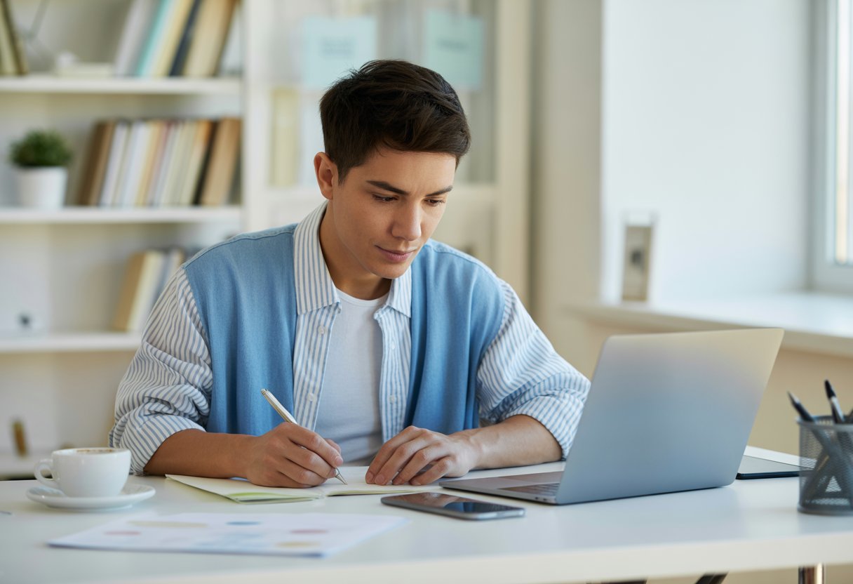 Eine junge Person sitzt an einem Schreibtisch und schreibt konzentriert an einem Laptop in einem hellen Büro.