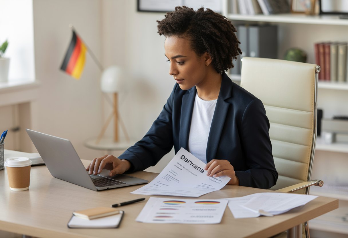 Eine Person arbeitet an einem Schreibtisch an einem Lebenslauf und Sprachzertifikaten in einem hellen Büro.