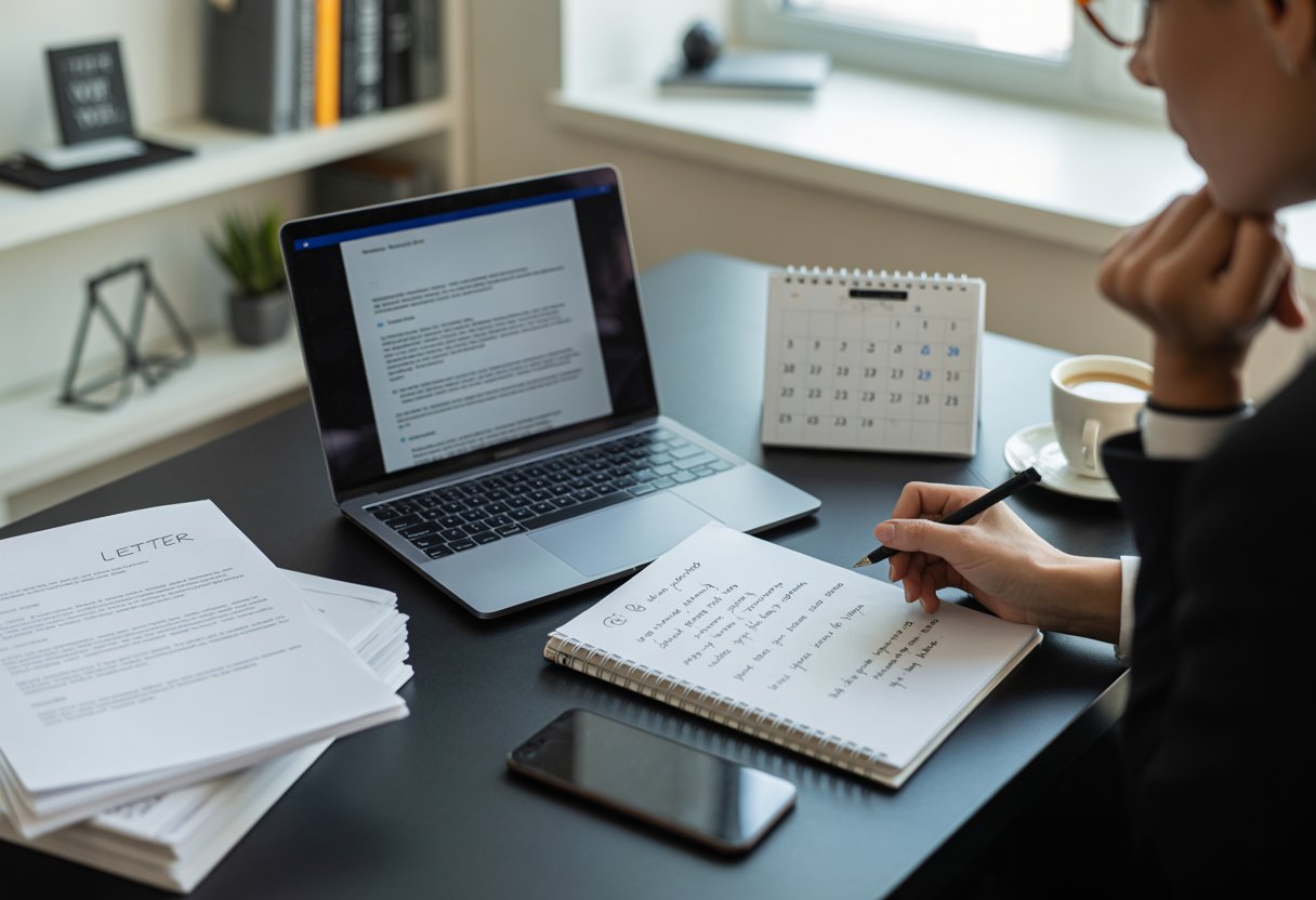 Person sitzt an einem Schreibtisch und arbeitet konzentriert an einem Bewerbungsschreiben mit Laptop, Notizblock und Kaffeetasse in einem hellen Büro.