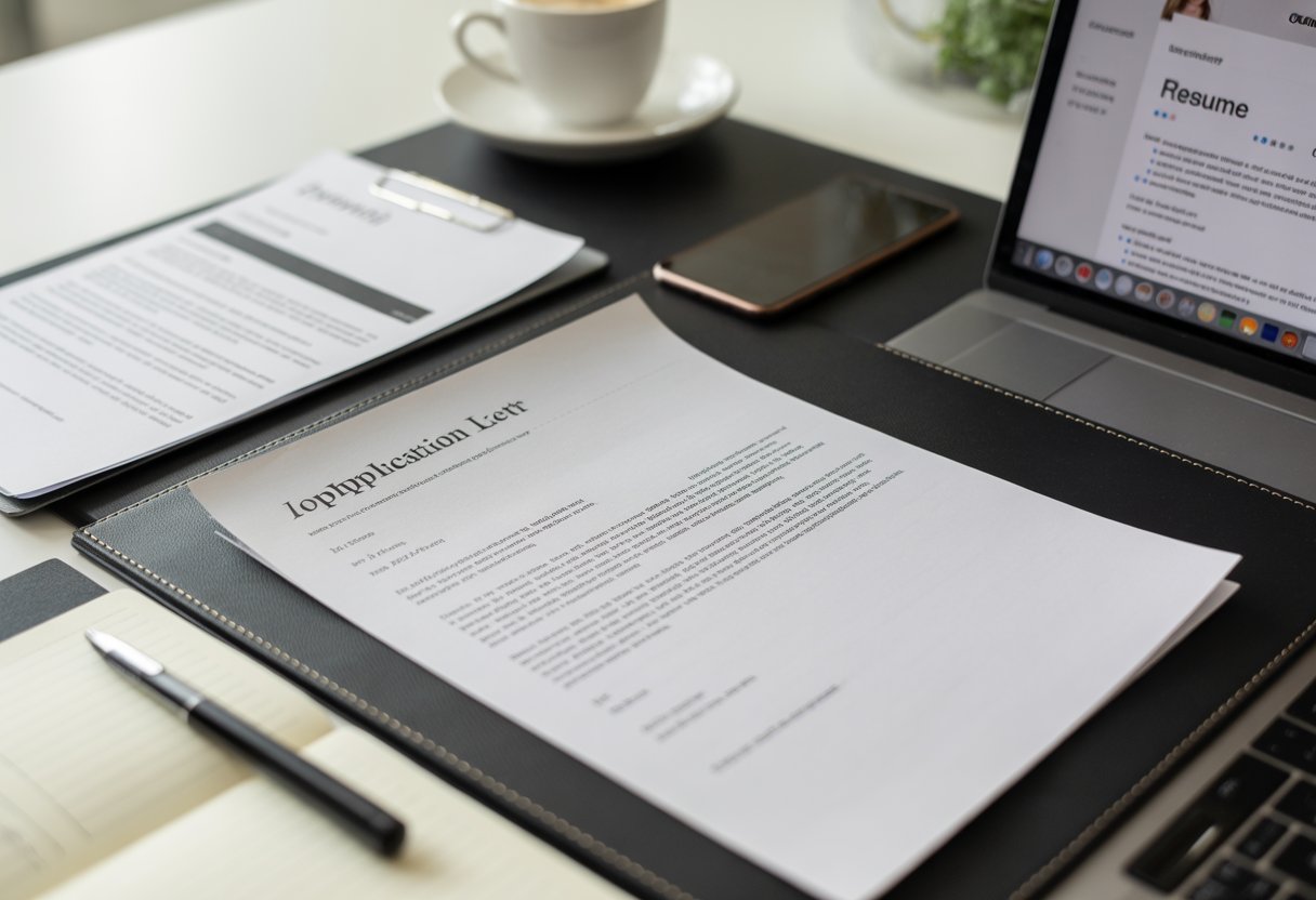 Ein aufgeräumter Schreibtisch mit einem Bewerbungsschreiben, Laptop, Stift und Kaffeetasse in einem professionellen Arbeitsumfeld.