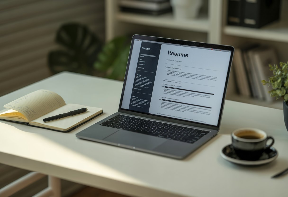 Ein moderner Arbeitsplatz mit einem Laptop, auf dem ein übersichtlicher Lebenslauf zu sehen ist, daneben ein Notizbuch, ein Stift und eine Kaffeetasse.