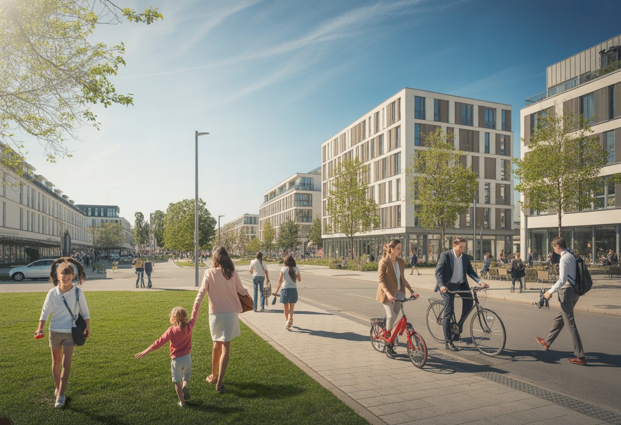 Familien und Berufstätige in einer deutschen Stadt mit Grünflächen, modernen Gebäuden und sonnigem Wetter.