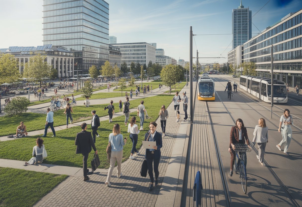 Stadtbild mit modernen Gebäuden, grünen Parks und Menschen, die draußen arbeiten und sich bewegen.