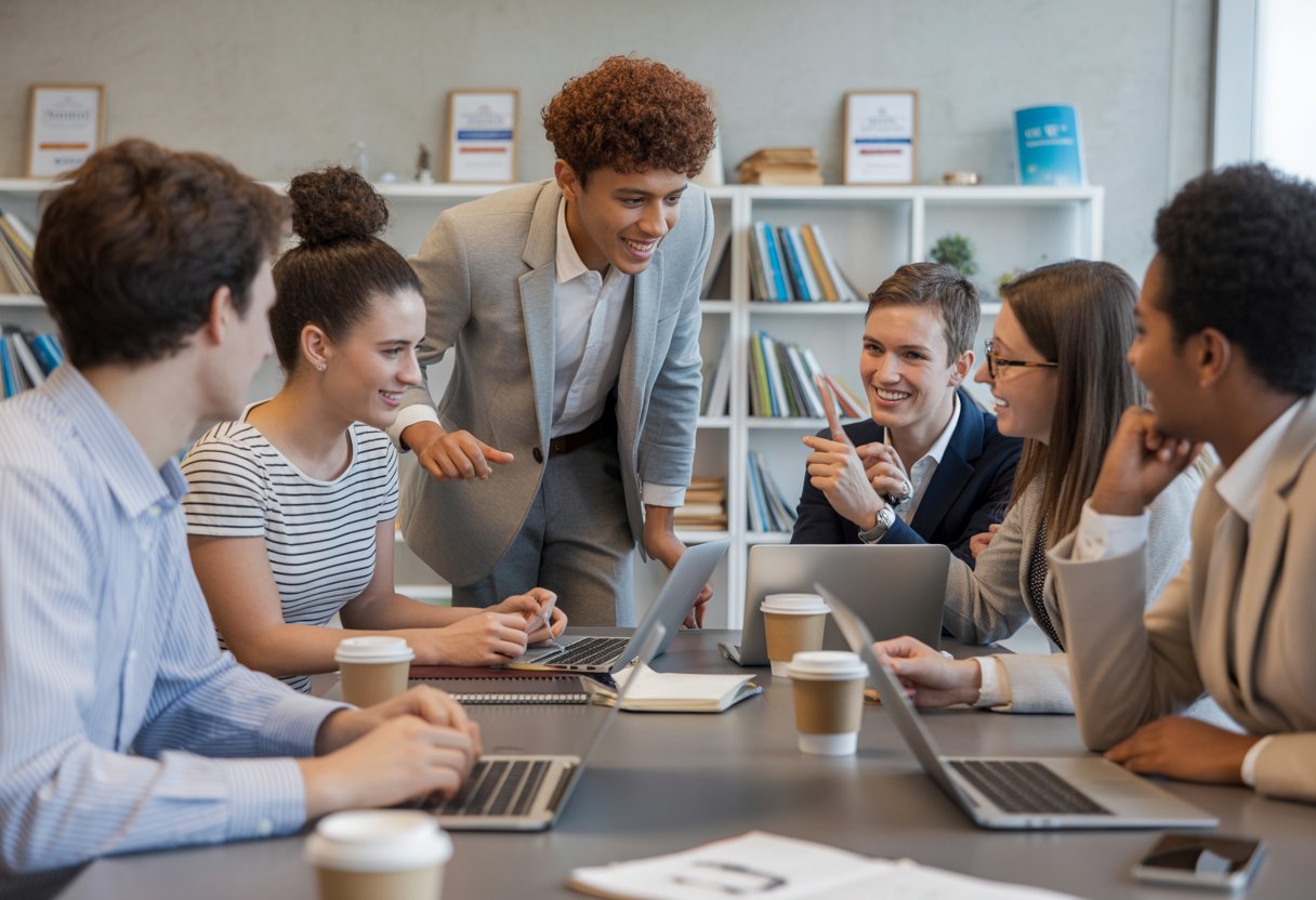 Eine Gruppe junger Erwachsener in einem modernen Büro, die gemeinsam an einem Tisch mit Laptops und Notizbüchern arbeitet.