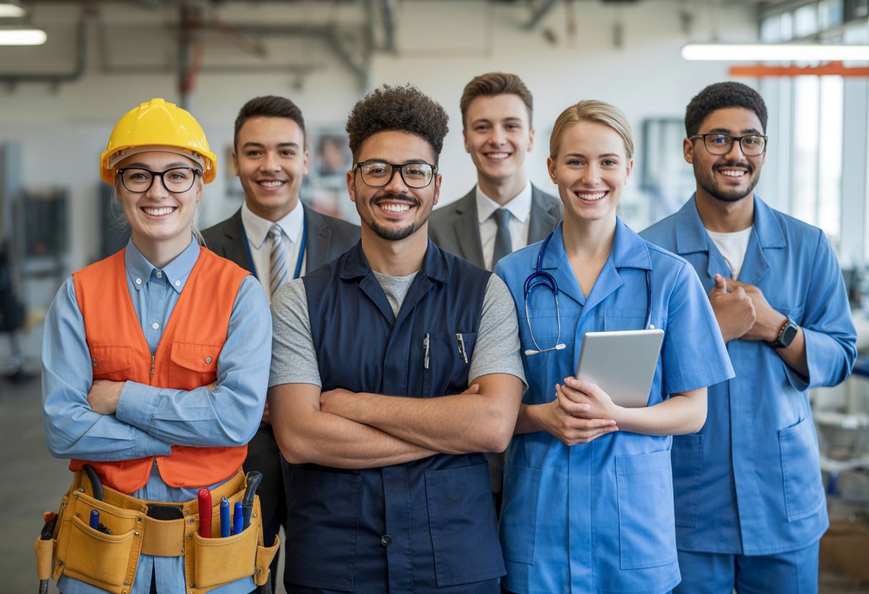 Eine Gruppe junger Erwachsener in verschiedenen Berufsbekleidungen steht in einem modernen Arbeitsumfeld und zeigt selbstbewusst ihre Berufe ohne Studium.