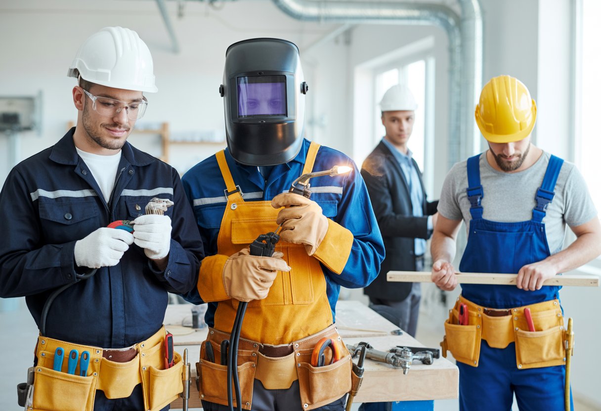 Mehrere Facharbeiter in einem modernen Werkstattumfeld bei handwerklichen Tätigkeiten, darunter Elektriker, Schweißer, Klempner und Tischler.