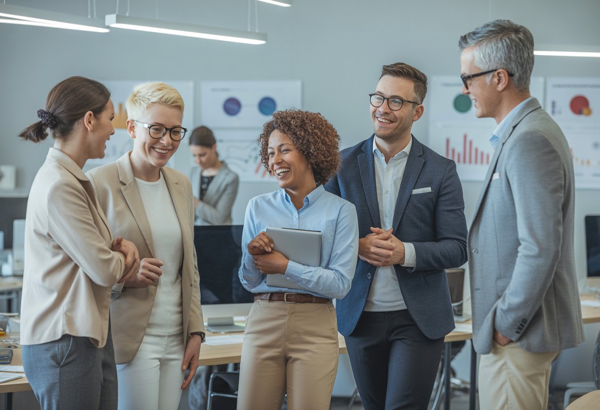 Eine Gruppe von Erwachsenen unterschiedlicher Herkunft arbeitet gemeinsam in einem modernen Büro.