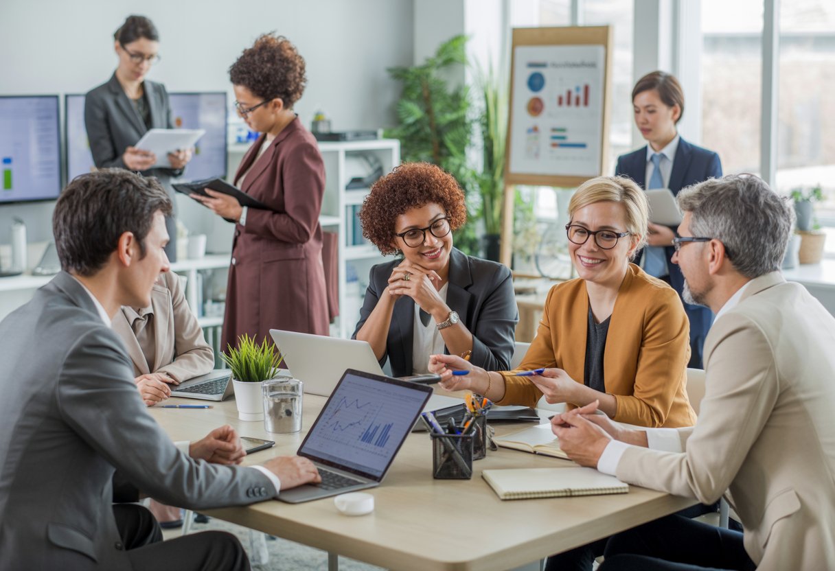 Eine Gruppe von Erwachsenen in einem modernen Büro, die an einer Karriereberatung teilnehmen.