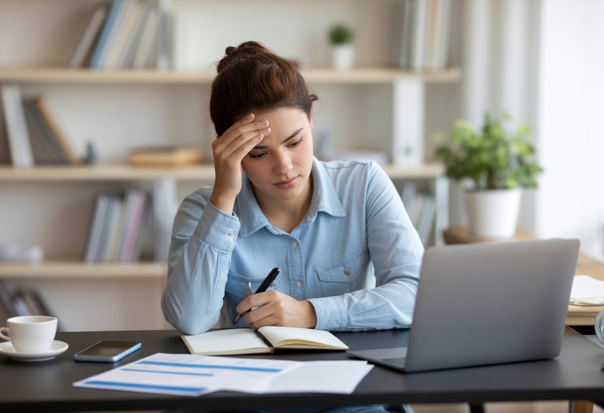 Eine Person sitzt an einem Schreibtisch, wirkt nachdenklich und leicht gestresst, während sie an Unterlagen und einem Laptop arbeitet.
