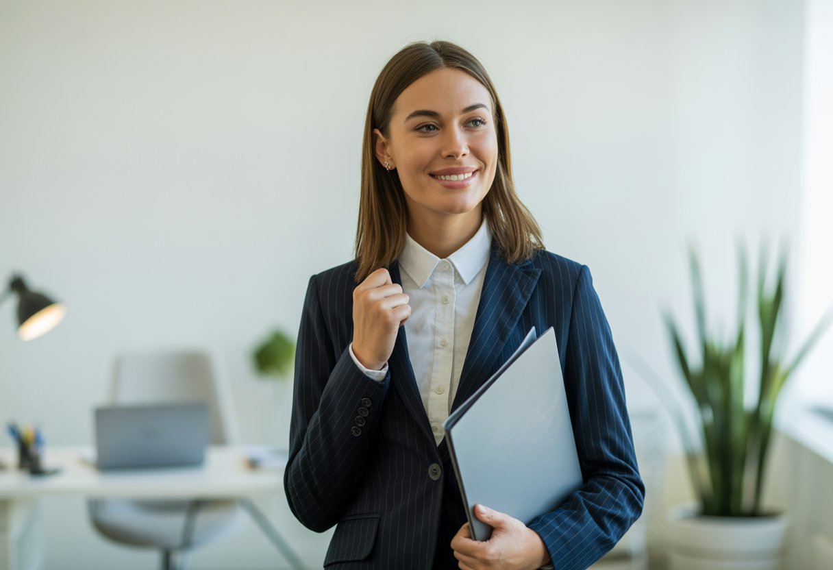 Eine junge Frau in Businesskleidung steht selbstbewusst in einem modernen Büro und hält eine Bewerbungsmappe.