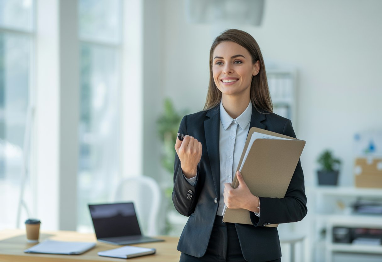 Eine selbstbewusste junge Frau in Businesskleidung steht lächelnd in einem modernen Büro und hält eine Mappe in der Hand.