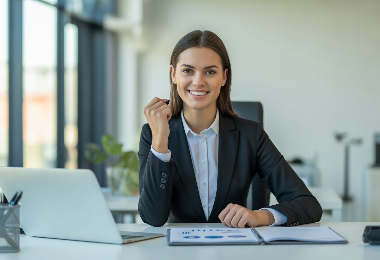 Eine selbstbewusst aussehende junge Frau sitzt an einem Schreibtisch in einem modernen Büro und blickt direkt in die Kamera.