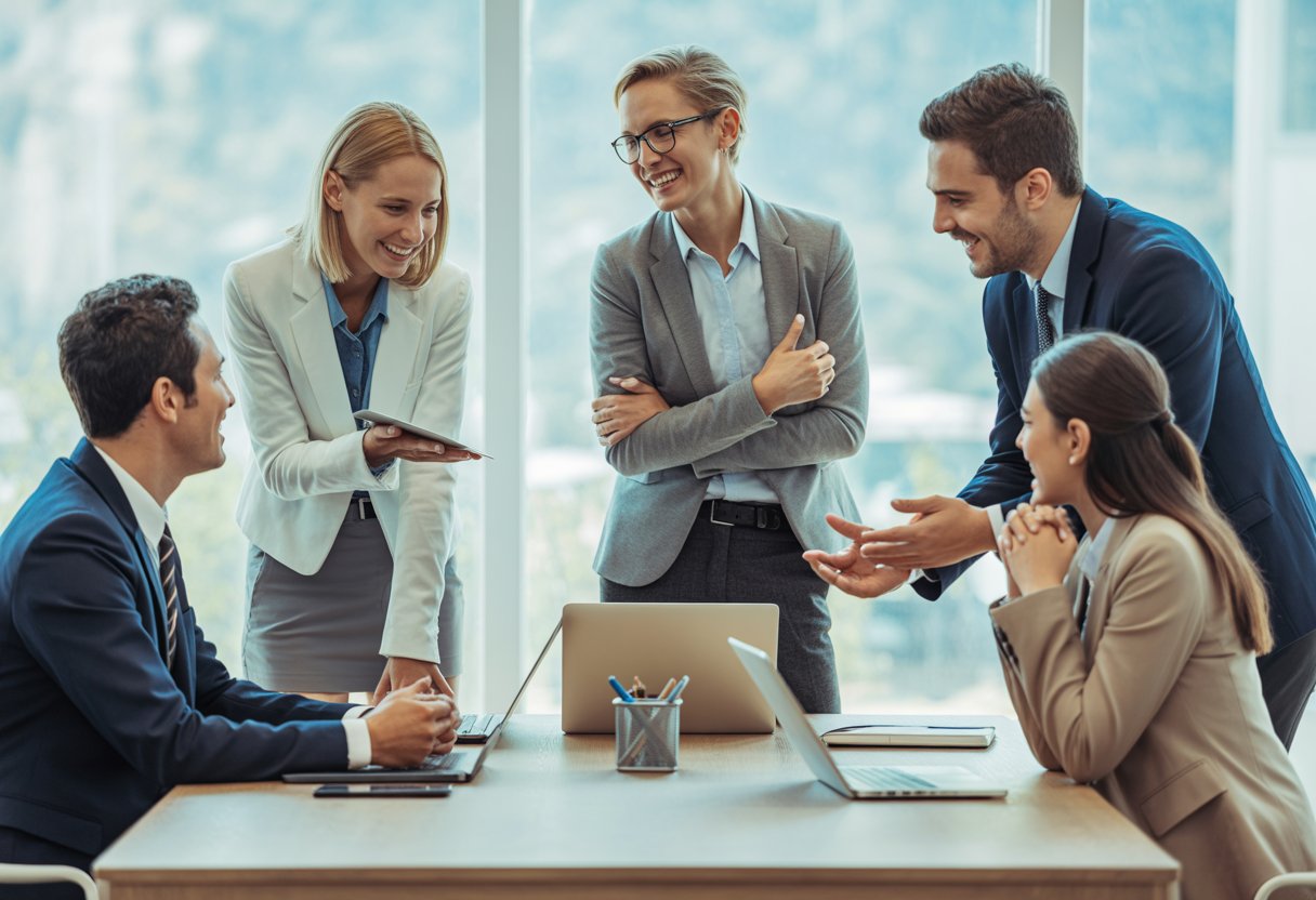 Eine Gruppe von Geschäftspersonen arbeitet gemeinsam in einem modernen Büro an einem Meeting.
