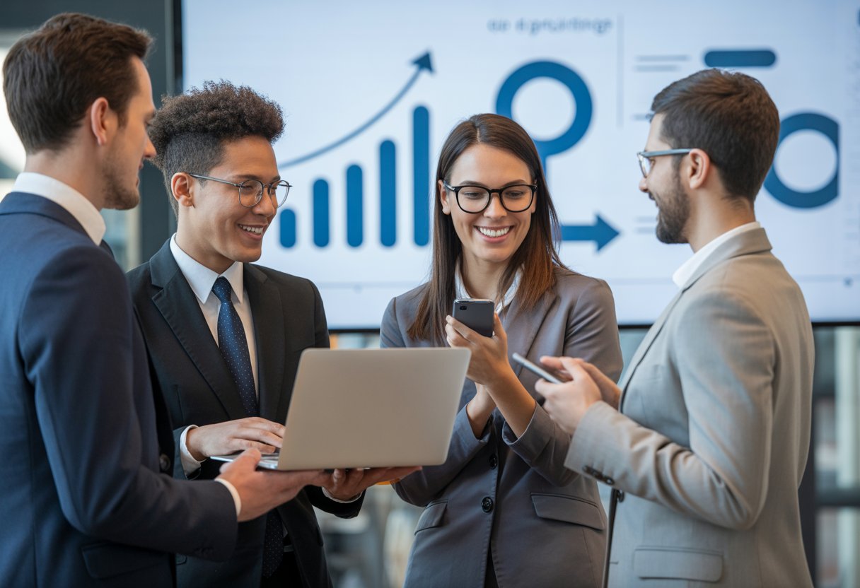 Mehrere Geschäftspersonen arbeiten zusammen in einem modernen Büro und zeigen Flexibilität und Anpassungsfähigkeit.