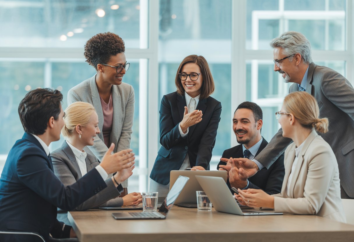 Eine Gruppe von Geschäftsleuten unterschiedlicher Herkunft arbeitet gemeinsam in einem modernen Büro.
