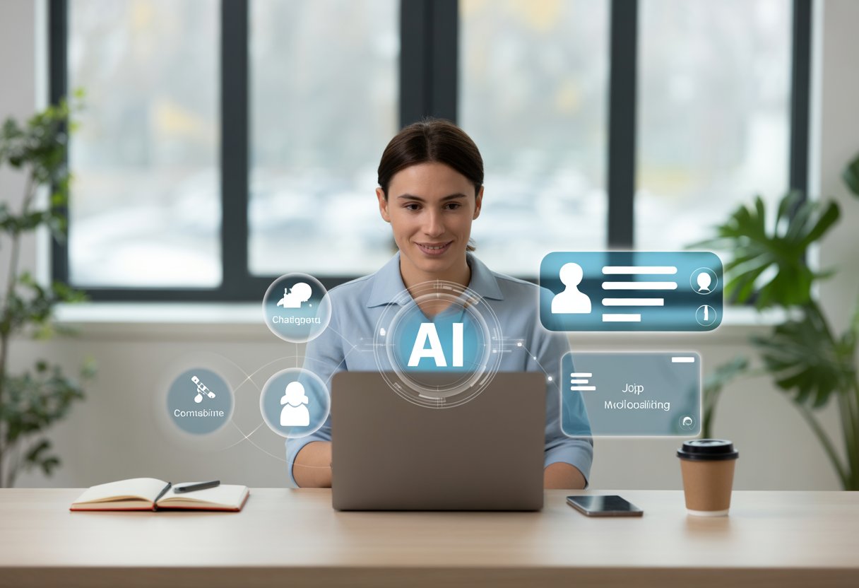 Eine junge Person sitzt an einem Schreibtisch und arbeitet an einem Laptop mit einer holografischen Benutzeroberfläche, die KI-Unterstützung bei der Jobsuche darstellt.