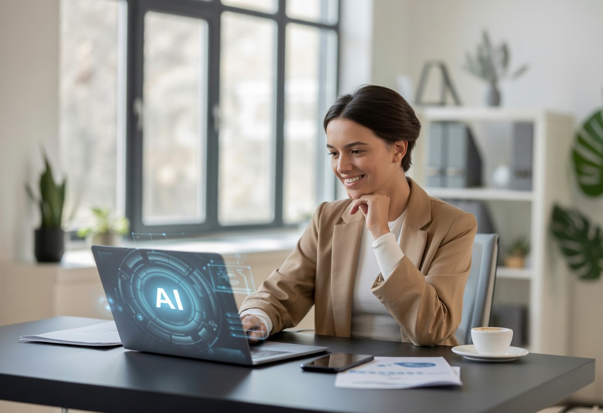 Eine Person sitzt an einem modernen Schreibtisch und nutzt einen Laptop, um bei der Jobsuche unterstützt von einer digitalen Assistenz zu arbeiten.