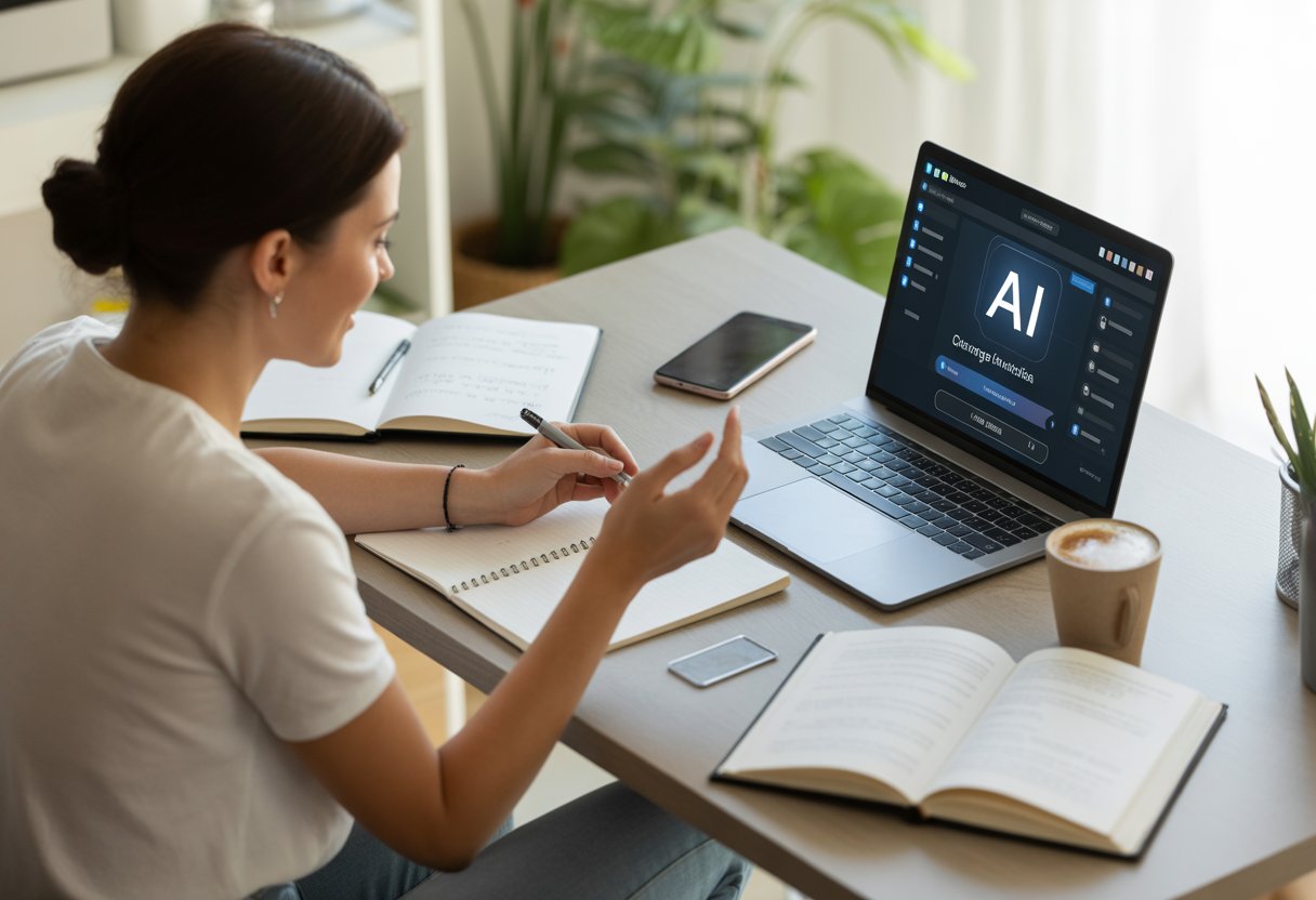 Person sitzt an einem Schreibtisch und nutzt einen Laptop, um sich mit Künstlicher Intelligenz bei der Jobsuche zu unterstützen.