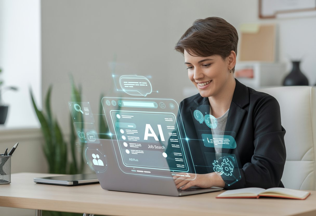 Eine Person sitzt an einem Schreibtisch und nutzt einen Laptop mit einer KI-gestützten Jobsuche, umgeben von digitalen Symbolen, in einem hellen Büro.