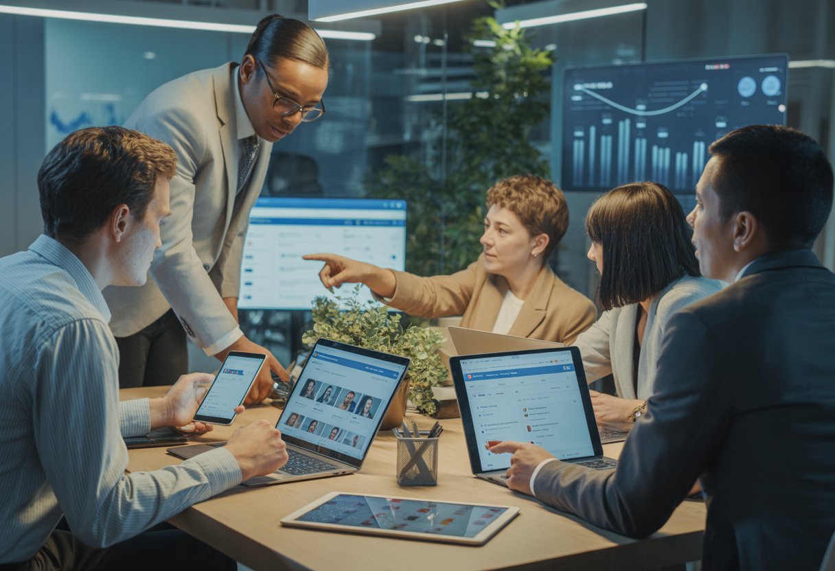 Mehrere junge Berufstätige in einem modernen Büro arbeiten zusammen und nutzen Laptops und Smartphones, um sich über soziale Netzwerke zu vernetzen.