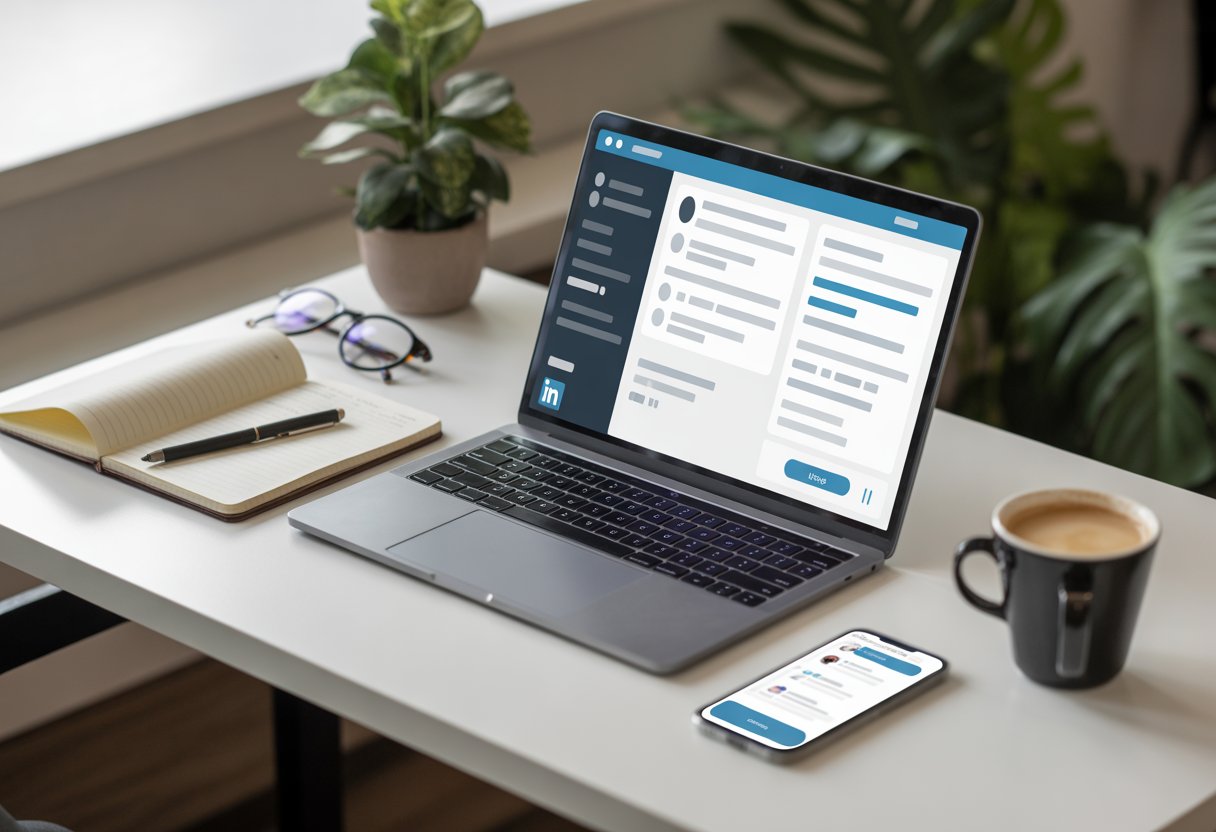 Ein moderner Arbeitsplatz mit Laptop, Smartphone, Notizbuch und einer Pflanze, der eine professionelle Jobsuche und Vernetzung zeigt.
