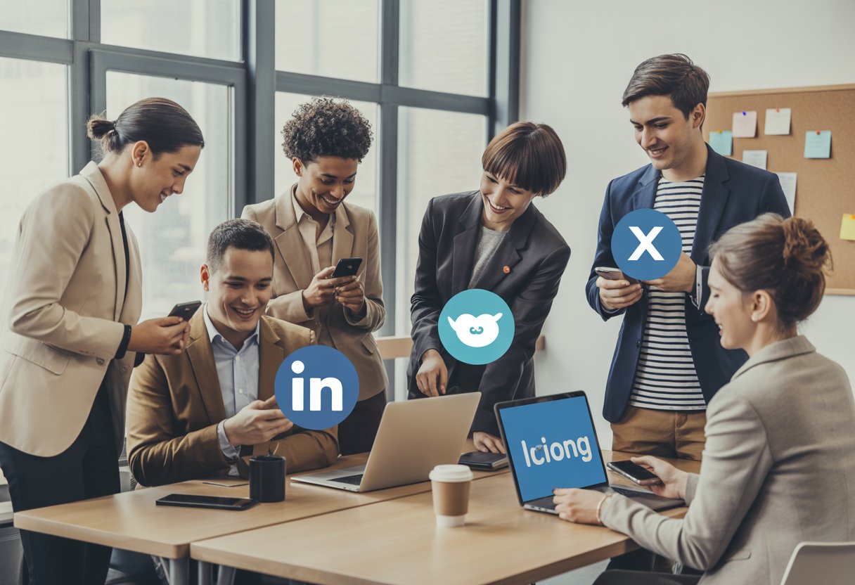 Mehrere junge Berufstätige arbeiten konzentriert an Laptops und Smartphones in einem hellen Büro, umgeben von modernen Arbeitsplätzen und digitalen Symbolen für berufliches Netzwerken.