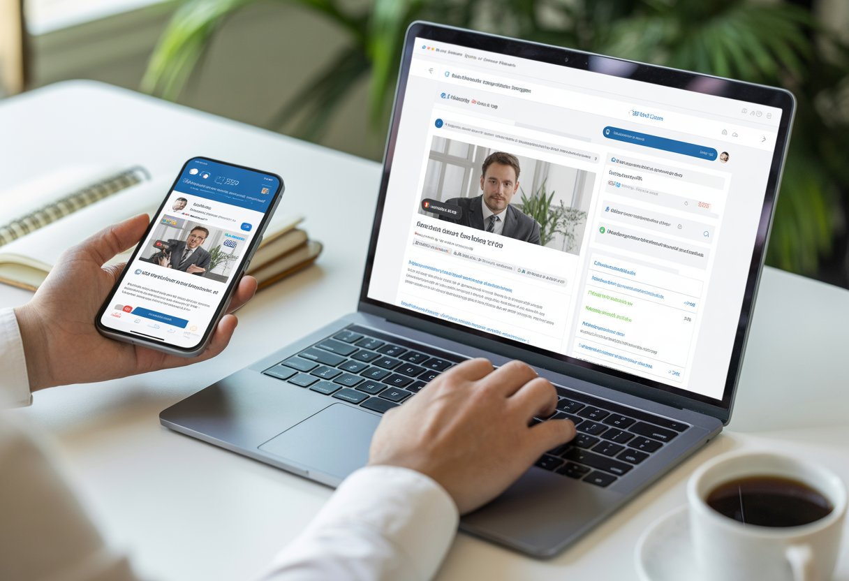 Person sitzt an einem Schreibtisch und arbeitet an einem Laptop, daneben liegt ein Smartphone, im Hintergrund sind Büromaterialien und Pflanzen zu sehen.