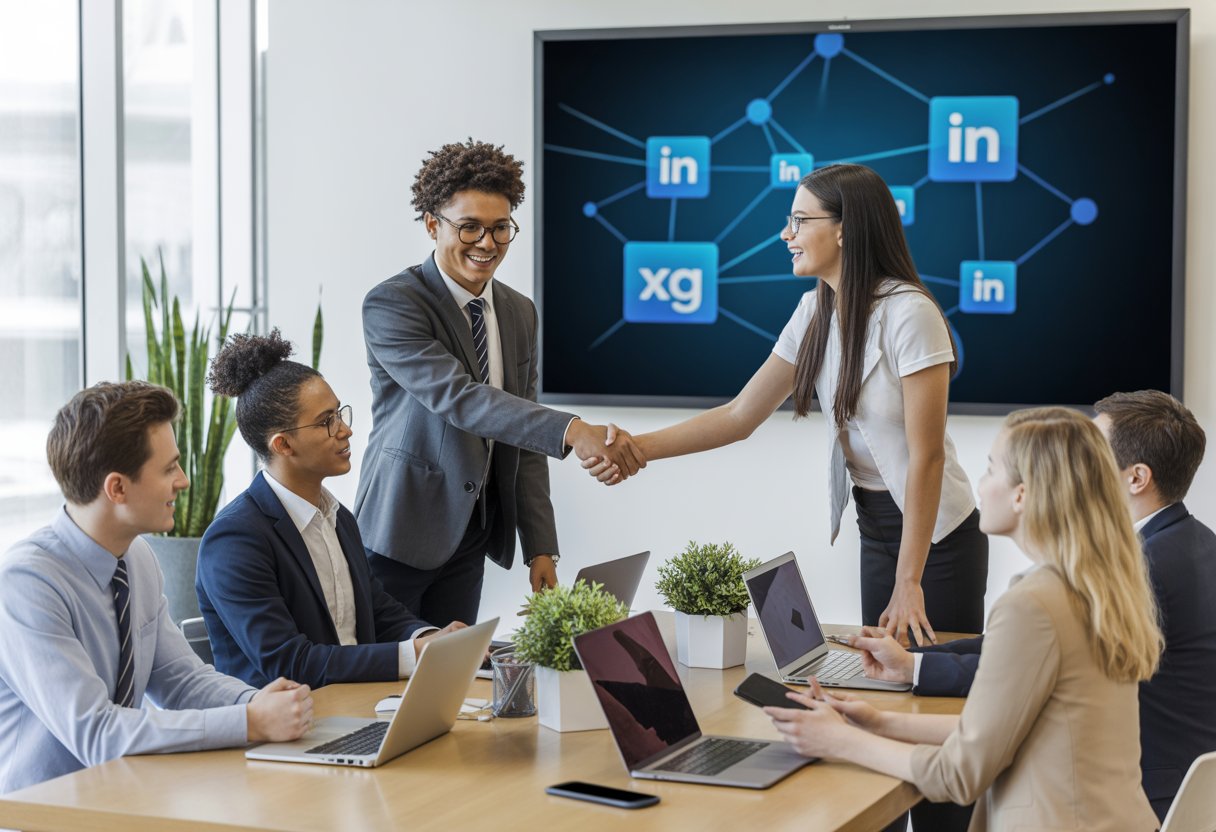 Mehrere junge Berufstätige schütteln sich in einem modernen Büro die Hand und tauschen sich aus, während im Hintergrund ein Bildschirm Netzwerkgrafiken zeigt.