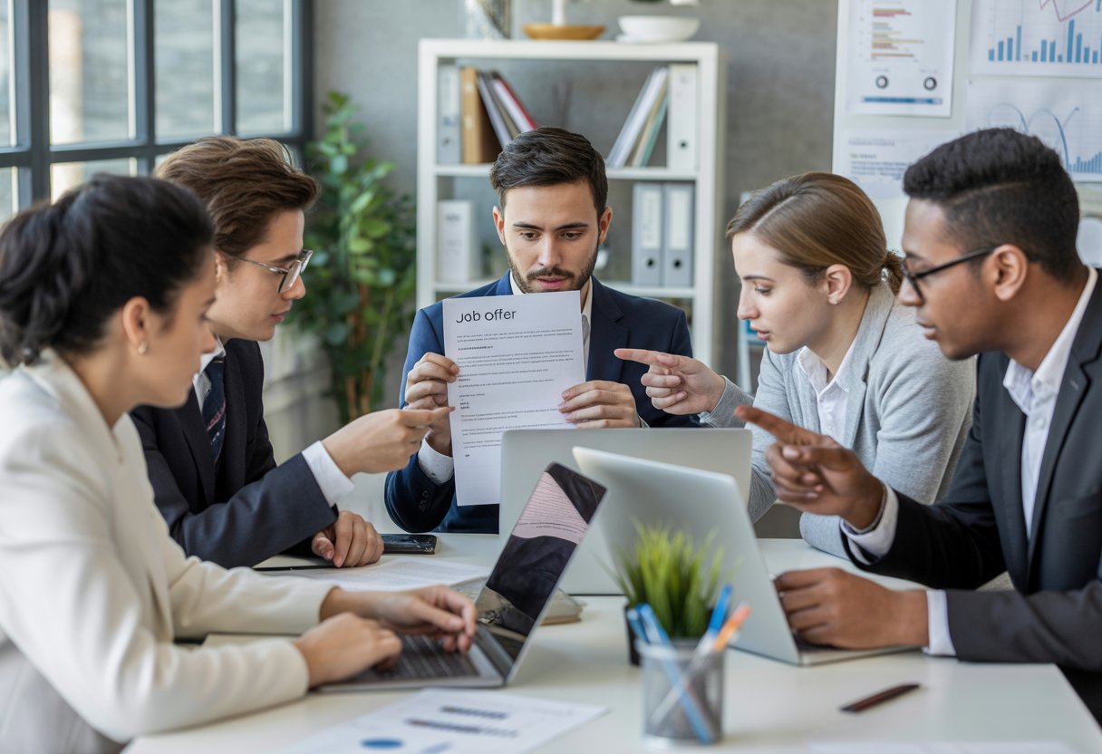 Eine Gruppe junger Berufstätiger diskutiert gemeinsam in einem modernen Büro über Jobangebote.