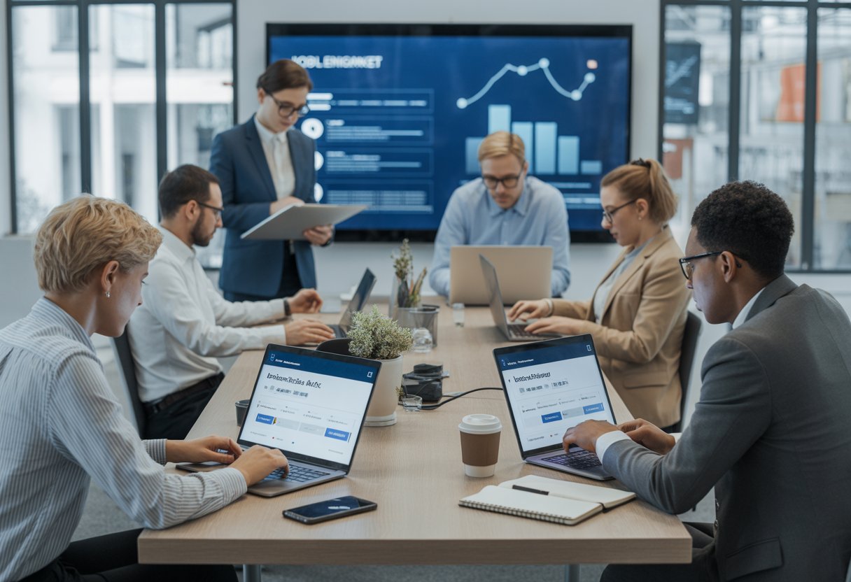 Menschen in einem modernen Büro arbeiten gemeinsam an Laptops und Tablets, um Stellenangebote zu suchen.