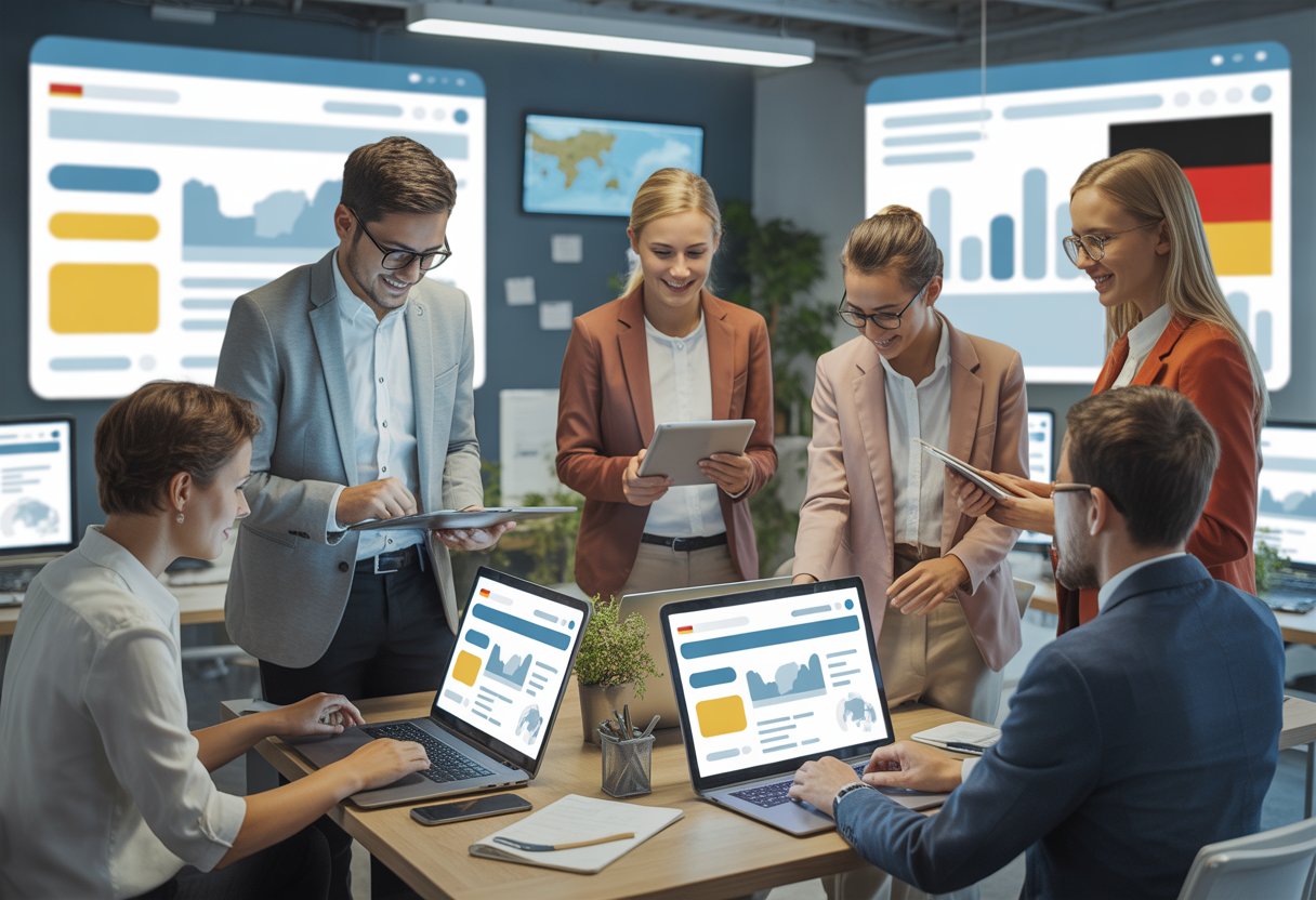 Menschen in einem modernen Büro arbeiten gemeinsam an Laptops und Tablets, um Jobangebote zu recherchieren und Bewerbungen zu besprechen.