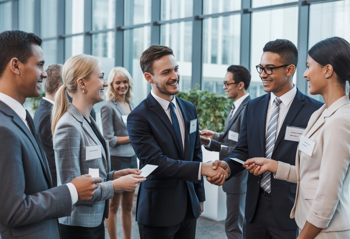 Eine Gruppe von Geschäftsleuten, die sich in einem modernen Büro freundlich die Hände schütteln und miteinander sprechen.