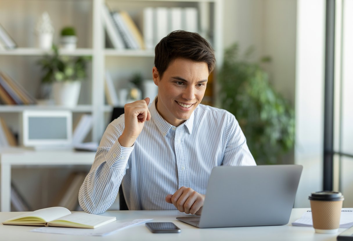 Junge berufstätige Person sitzt an einem Schreibtisch und lernt konzentriert am Laptop in einem hellen Büro.