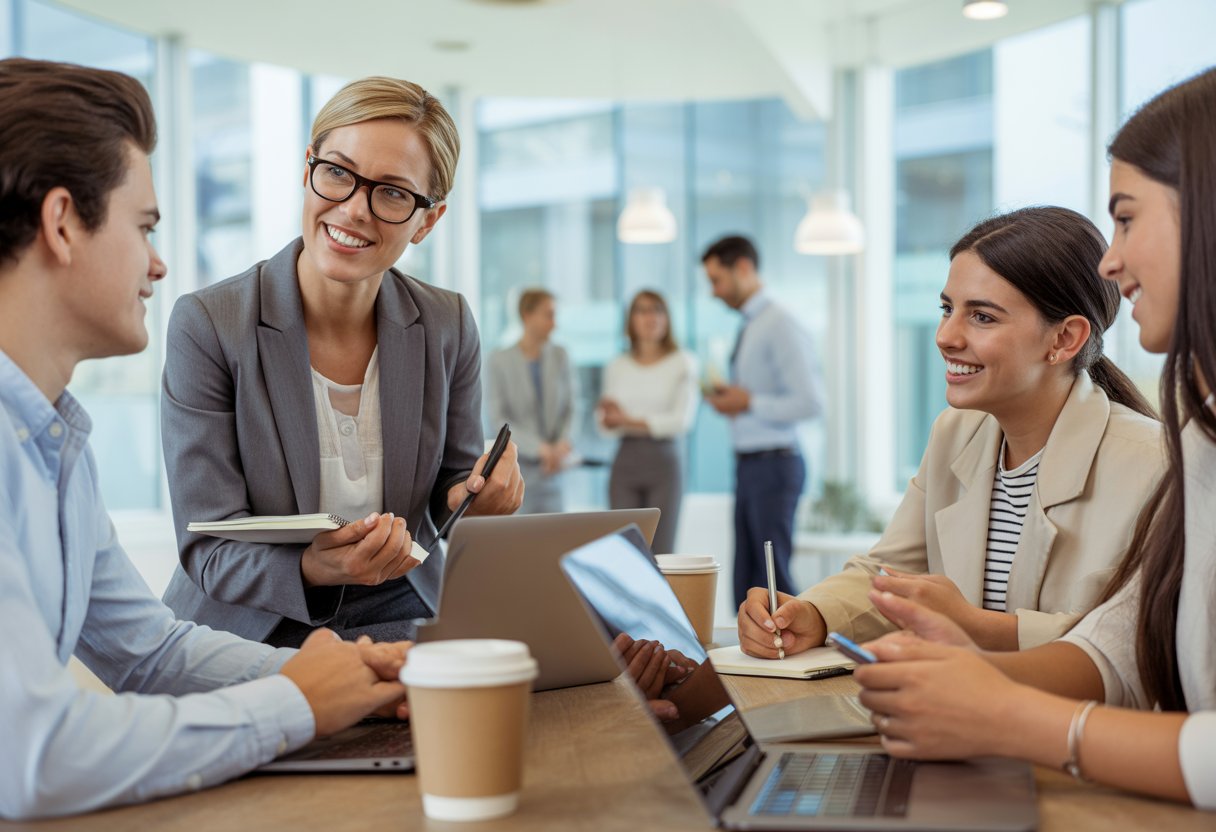 Mehrere Personen in einem modernen Büro führen ein Gespräch, dabei hört eine Frau einem jüngeren Mann und einer jüngeren Frau aufmerksam zu. Sie sitzen an einem Tisch mit Notizbüchern und Laptops.