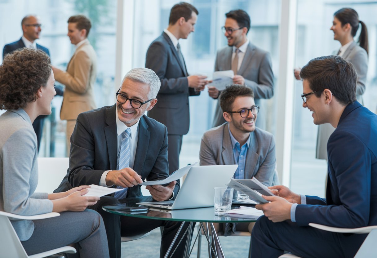 Mehrere Berufstätige führen ein Gespräch in einem modernen Büro, ein erfahrener Mentor berät einen jüngeren Kollegen.