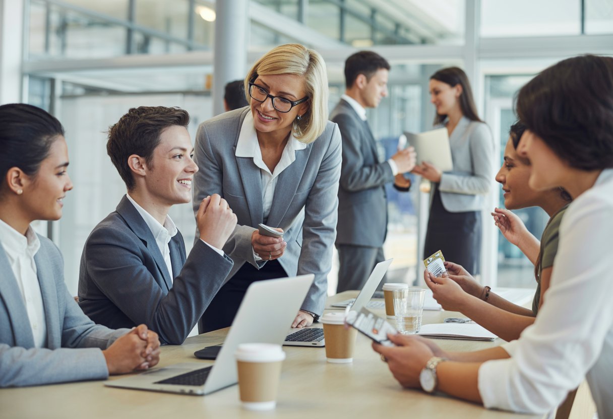 Eine Gruppe von Berufstätigen in einem modernen Büro, die sich bei einem Mentoring- und Netzwerktreffen austauschen.
