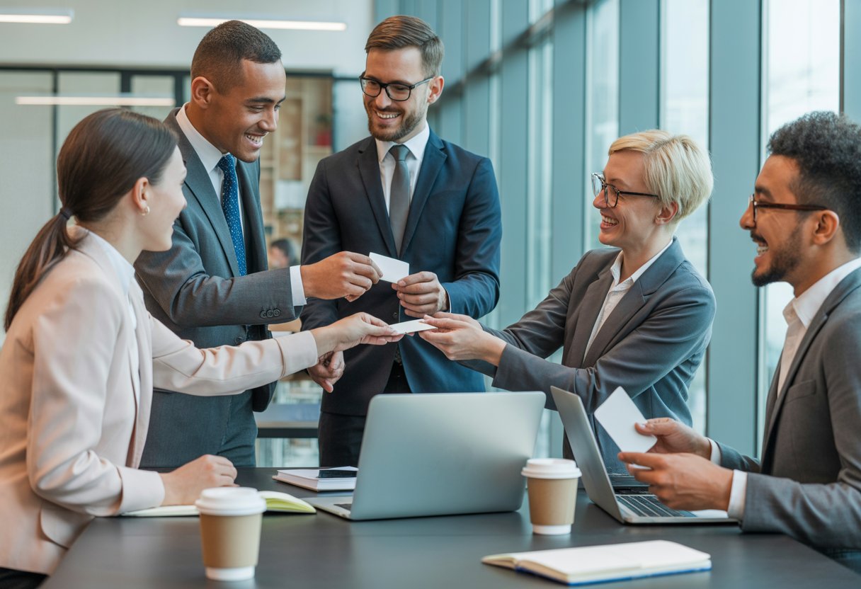 Mehrere Berufstätige unterhalten sich freundlich in einem modernen Büro und tauschen Visitenkarten aus.