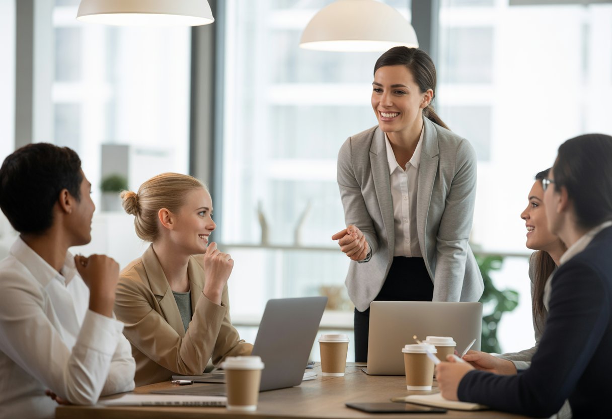 Eine Gruppe von Kollegen in einem modernen Büro, die sich positiv austauschen, mit einer lächelnden Frau, die ein Meeting leitet.