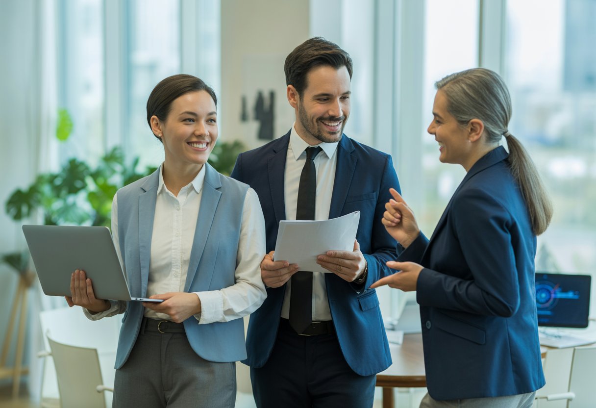 Drei Personen unterschiedlichen Alters arbeiten gemeinsam in einem modernen Büro und starten beruflich neu durch.