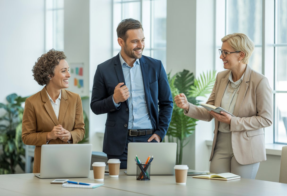 Drei Erwachsene in ihren 30ern, 40ern und 50ern sitzen gemeinsam an einem Konferenztisch in einem modernen Büro und führen ein freundliches Gespräch.