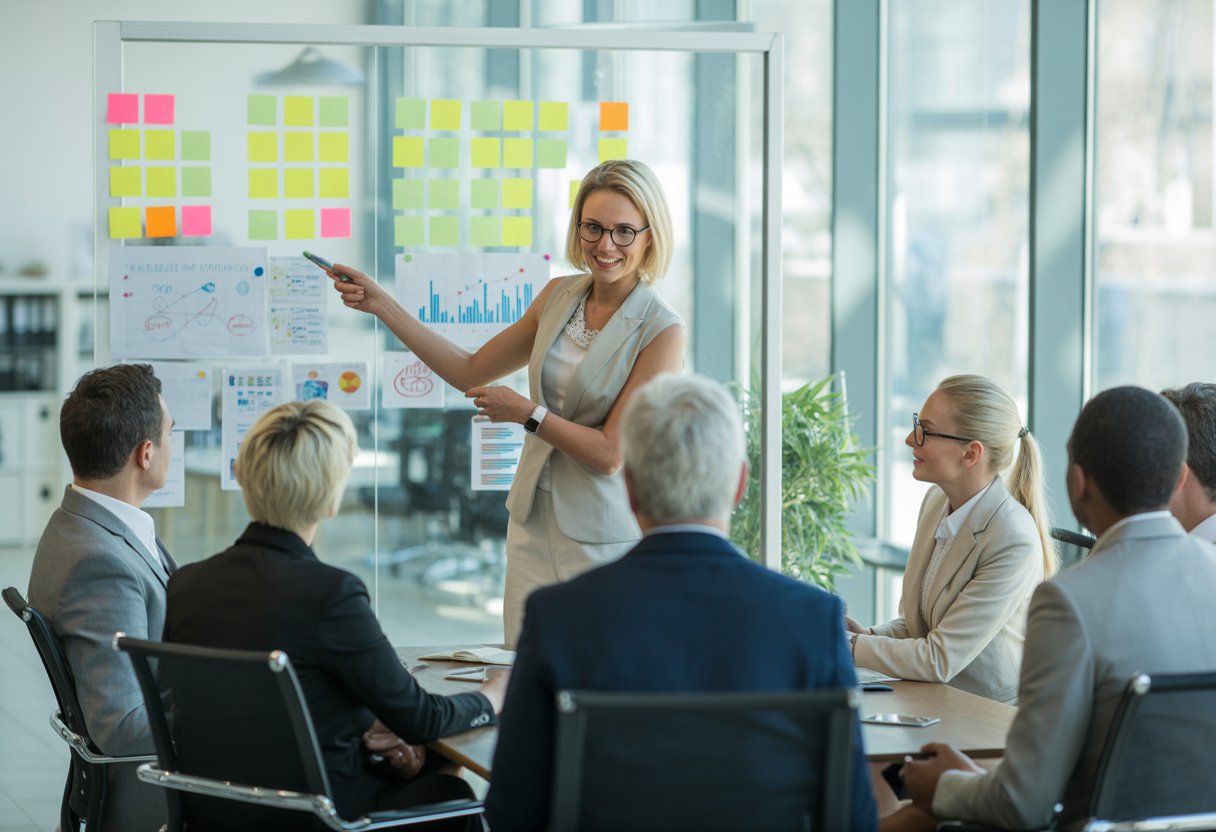 Eine Geschäftsfrau erklärt einem Team in einem modernen Büro ihre Karriereziele anhand eines Glasboards mit Notizen und Diagrammen.