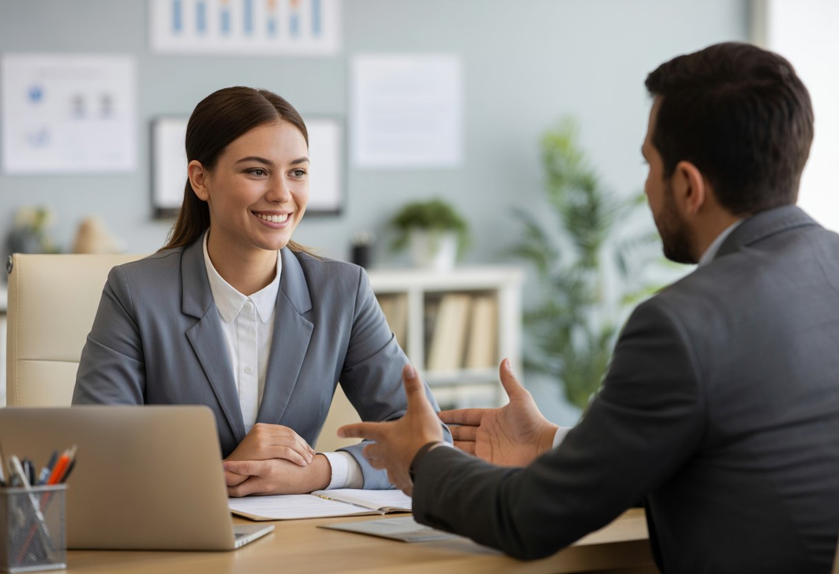 Ein Bewerber und ein Personalverantwortlicher führen ein Gespräch in einem modernen Büro.