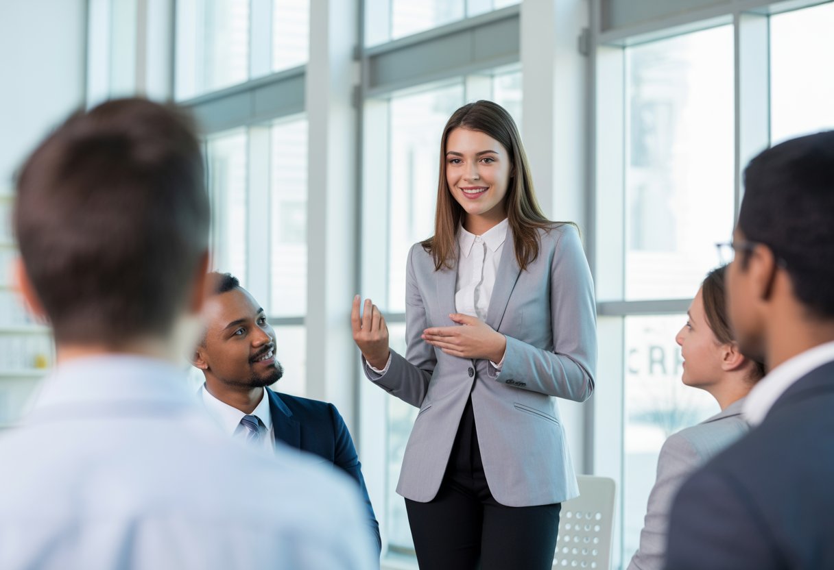 Eine junge Geschäftsfrau präsentiert selbstbewusst vor einer Gruppe von Personalern in einem modernen Büro.