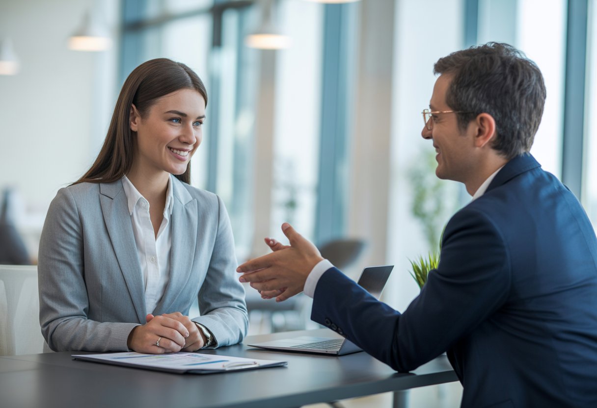 Zwei Geschäftspersonen in einem modernen Büro führen ein Gespräch über Personalthemen.